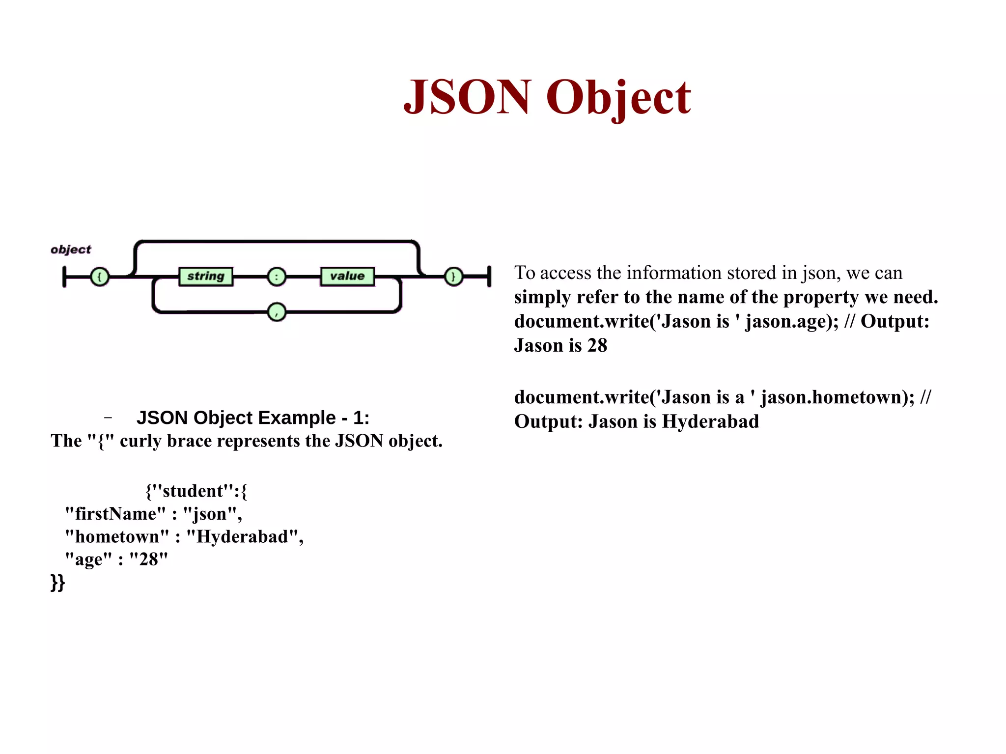  JSON Object Example - 1:
The "{" curly brace represents the JSON object.
{''student'':{
"firstName" : "json",
"hometown" : "Hyderabad",
"age" : "28"
}}
JSON Object
To access the information stored in json, we can
simply refer to the name of the property we need.
document.write('Jason is ' jason.age); // Output:
Jason is 28
document.write('Jason is a ' jason.hometown); //
Output: Jason is Hyderabad
 