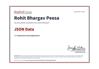 STATEMENT OF ACCOMPLISHMENT
Stanford University
Professor in Computer Science
Jennifer Widom, Ph.D
November 5, 2018
Rohit Bhargav Peesa
has successfully completed a free online offering of
JSON Data
with Statement of Accomplishment.
PLEASE NOTE: SOME ONLINE COURSES MAY DRAW ON MATERIAL FROM COURSES TAUGHT ON-CAMPUS BUT THEY ARE NOT EQUIVALENT TO ON-CAMPUS COURSES. THIS STATEMENT DOES
NOT AFFIRM THAT THIS PARTICIPANT WAS ENROLLED AS A STUDENT AT STANFORD UNIVERSITY IN ANY WAY. IT DOES NOT CONFER A STANFORD UNIVERSITY GRADE, COURSE CREDIT OR
DEGREE, AND IT DOES NOT VERIFY THE IDENTITY OF THE PARTICIPANT.
Authenticity can be verified at https://verify.lagunita.stanford.edu/SOA/308f1921c4b34f2cb5a8ba6ebfa9b733
 