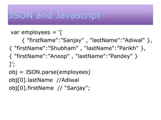 JSON and Javascript
var employees = ‘[
{ "firstName":”Sanjay" , "lastName":”Adiwal" },
{ "firstName":”Shubham" , "lastName":”Parikh" },
{ "firstName":”Anoop" , "lastName":”Pandey" }
]’;
obj = JSON.parse(employees)
obj[0].lastName //Adiwal
obj[0].firstName // “Sanjay";
 
