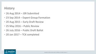 Copyright © 2016, Oracle and/or its affiliates. All rights reserved. |
History
• 26 Aug 2014 – JSR Submitted
• 23 Sep 2014 – Expert Group Formation
• 20 Aug 2015 – Early Draft Review
• 25 May 2016 – Public Review
• 26 July 2016 – Public Draft Ballot
• 20 Jan 2017 – TCK completed
 