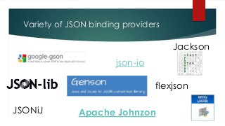 Variety of JSON binding providers
json-io
flexjson
JSONiJ Apache Johnzon
Jackson
 