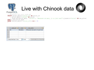 Live with Chinook data
-- Manipulate data with jsonb_set
SELECT artist_data->>'artist_id' AS artist_id
, artist_data->>'artist' AS artist
, jsonb_set(artist_data, '{artist}', '"Whatever we want, it is just text"'::jsonb)->>'artist' AS new_artist
FROM v_json_artist_data
WHERE (artist_data->>'artist_id')::int = 50
;
 
