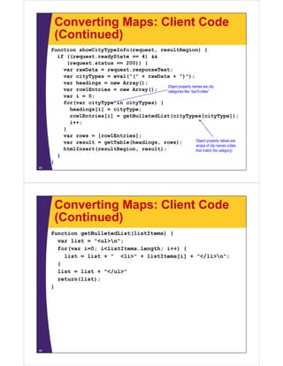 Converting Maps: Client Code
(Continued)(Continued)
function showCityTypeInfo(request, resultRegion) {
if ((request.readyState == 4) &&if ((request.readyState 4) &&
(request.status == 200)) {
var rawData = request.responseText;
var cityTypes = eval("(" + rawData + ")");
var headings = new Array();
var row1Entries = new Array();
var i = 0;
for(var cityType in cityTypes) {
Object property names are city
categories like “top-5-cities”
for(var cityType in cityTypes) {
headings[i] = cityType;
row1Entries[i] = getBulletedList(cityTypes[cityType]);
i++;
}
var rows = [row1Entries];
var result = getTable(headings, rows);
ht lI t( ltR i lt)
Object property values are
arrays of city names (cities
htmlInsert(resultRegion, result);
}
}
48
y y (
that match the category)
Converting Maps: Client Code
(Continued)(Continued)
function getBulletedList(listItems) {
var list = "<ul>n";var list = "<ul>n";
for(var i=0; i<listItems.length; i++) {
list = list + " <li>" + listItems[i] + "</li>n";
}}
list = list + "</ul>"
return(list);
}}
49
 