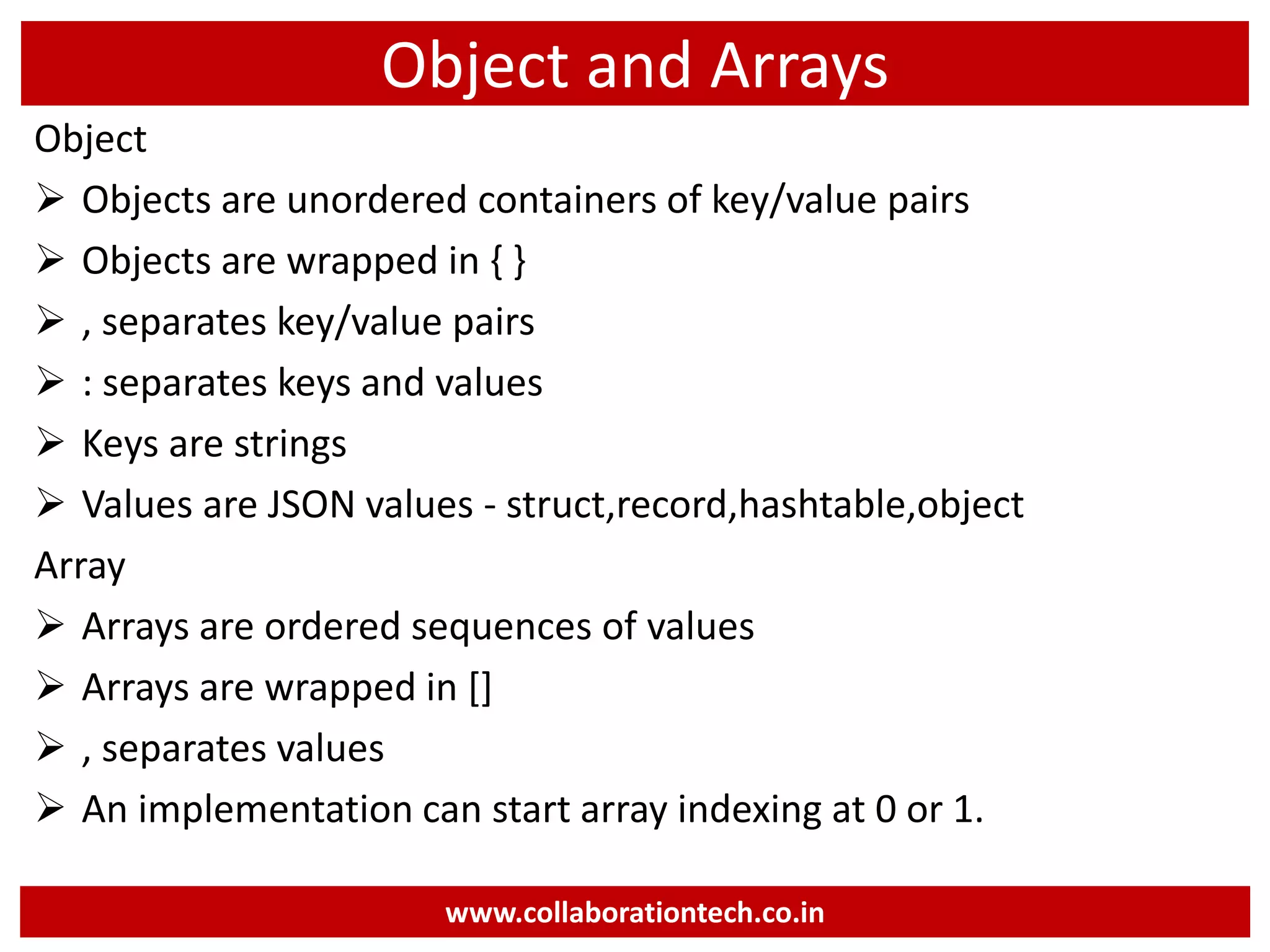 Object and Arrays Object  Objects are unordered containers of key/value pairs  Objects are wrapped in { }  , separates key/value pairs  : separates keys and values  Keys are strings  Values are JSON values - struct,record,hashtable,object Array  Arrays are ordered sequences of values  Arrays are wrapped in []  , separates values  An implementation can start array indexing at 0 or 1. www.collaborationtech.co.in 