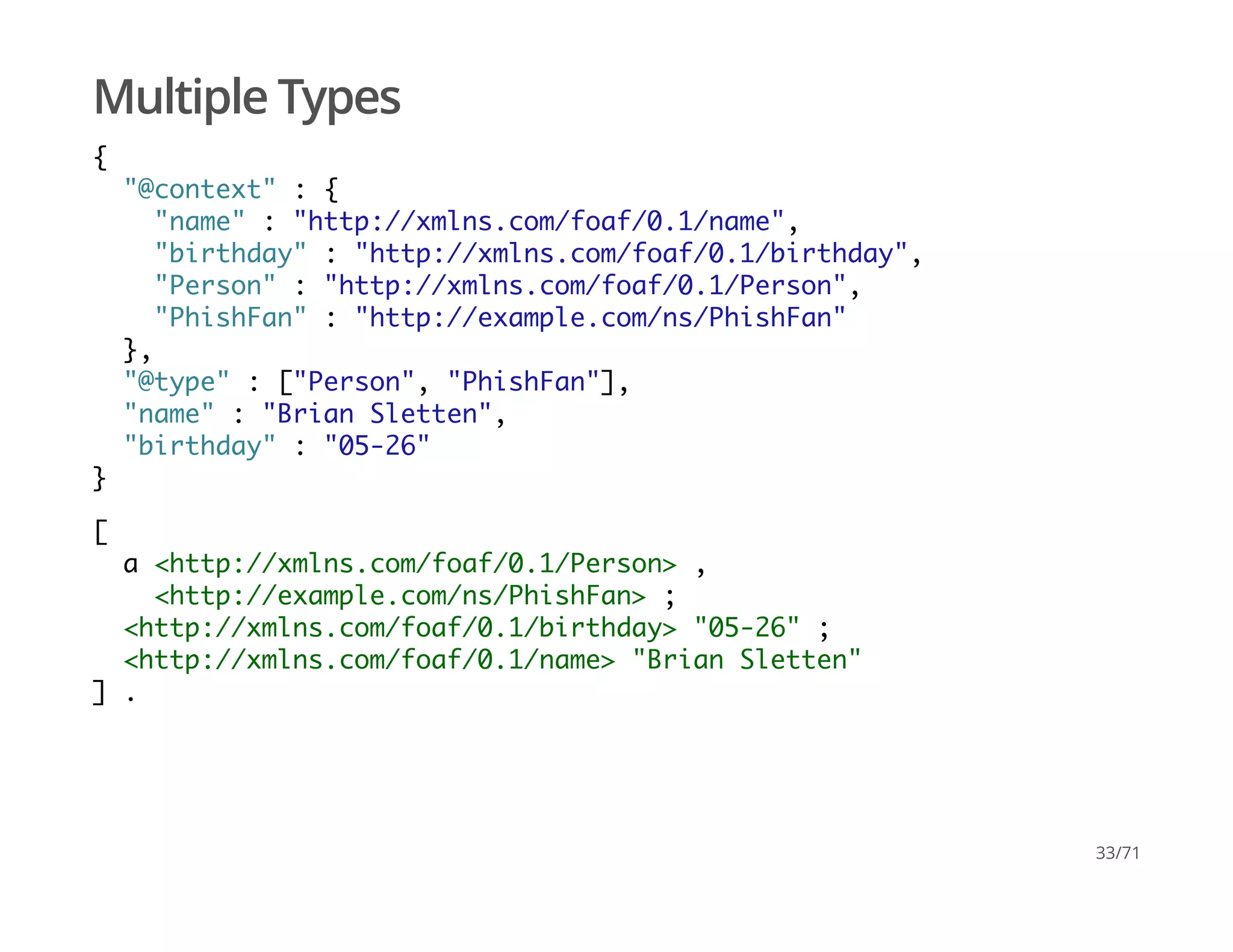 Multiple Types
{
"@context" : {
"name" : "http://xmlns.com/foaf/0.1/name",
"birthday" : "http://xmlns.com/foaf/0.1/birthday",
"Person" : "http://xmlns.com/foaf/0.1/Person",
"PhishFan" : "http://example.com/ns/PhishFan"
},
"@type" : ["Person", "PhishFan"],
"name" : "Brian Sletten",
"birthday" : "05-26"
}
[
a <http://xmlns.com/foaf/0.1/Person> ,
<http://example.com/ns/PhishFan> ;
<http://xmlns.com/foaf/0.1/birthday> "05-26" ;
<http://xmlns.com/foaf/0.1/name> "Brian Sletten"
] .
33/71
 