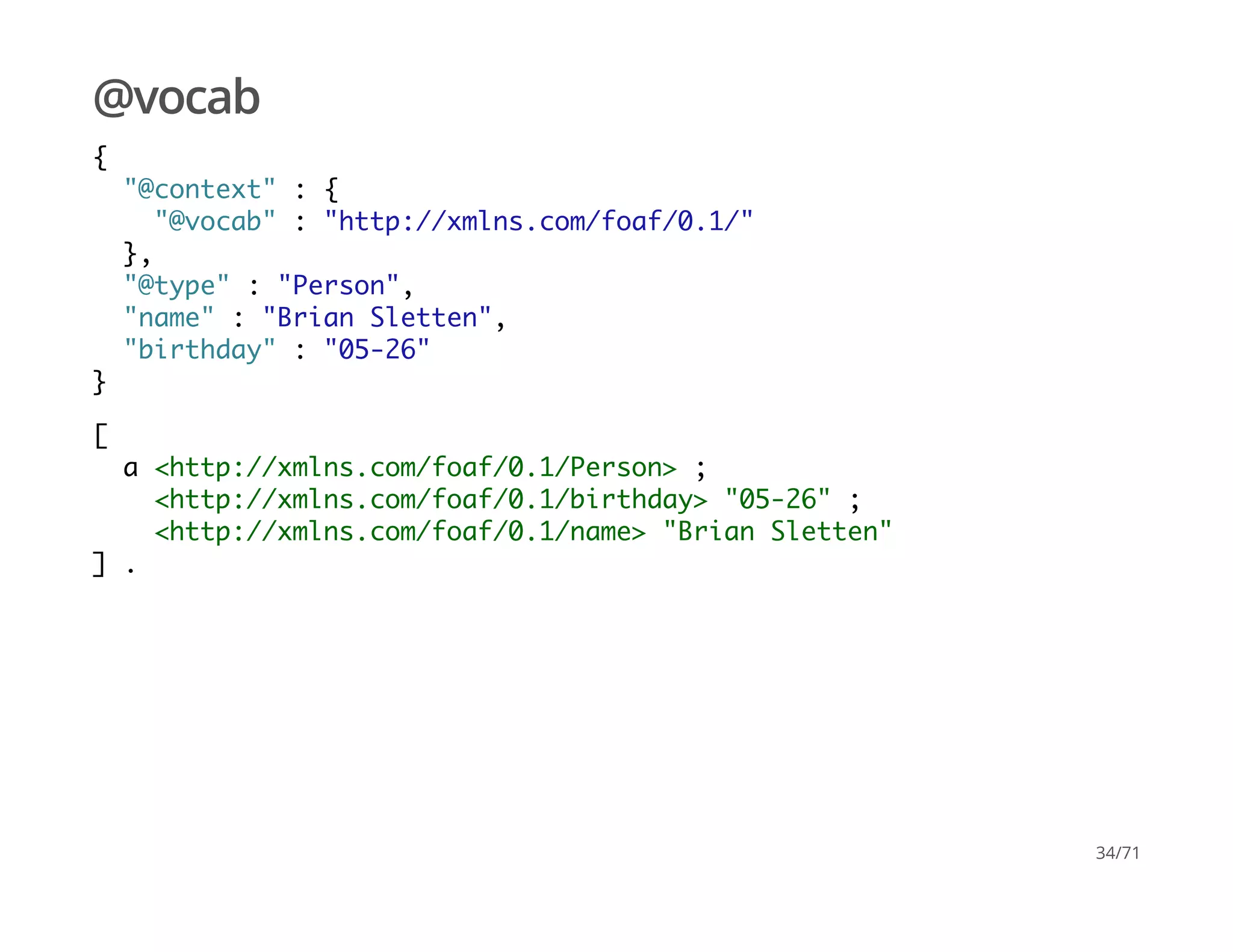 @vocab
{
"@context" : {
"@vocab" : "http://xmlns.com/foaf/0.1/"
},
"@type" : "Person",
"name" : "Brian Sletten",
"birthday" : "05-26"
}
[
a <http://xmlns.com/foaf/0.1/Person> ;
<http://xmlns.com/foaf/0.1/birthday> "05-26" ;
<http://xmlns.com/foaf/0.1/name> "Brian Sletten"
] .
34/71
 