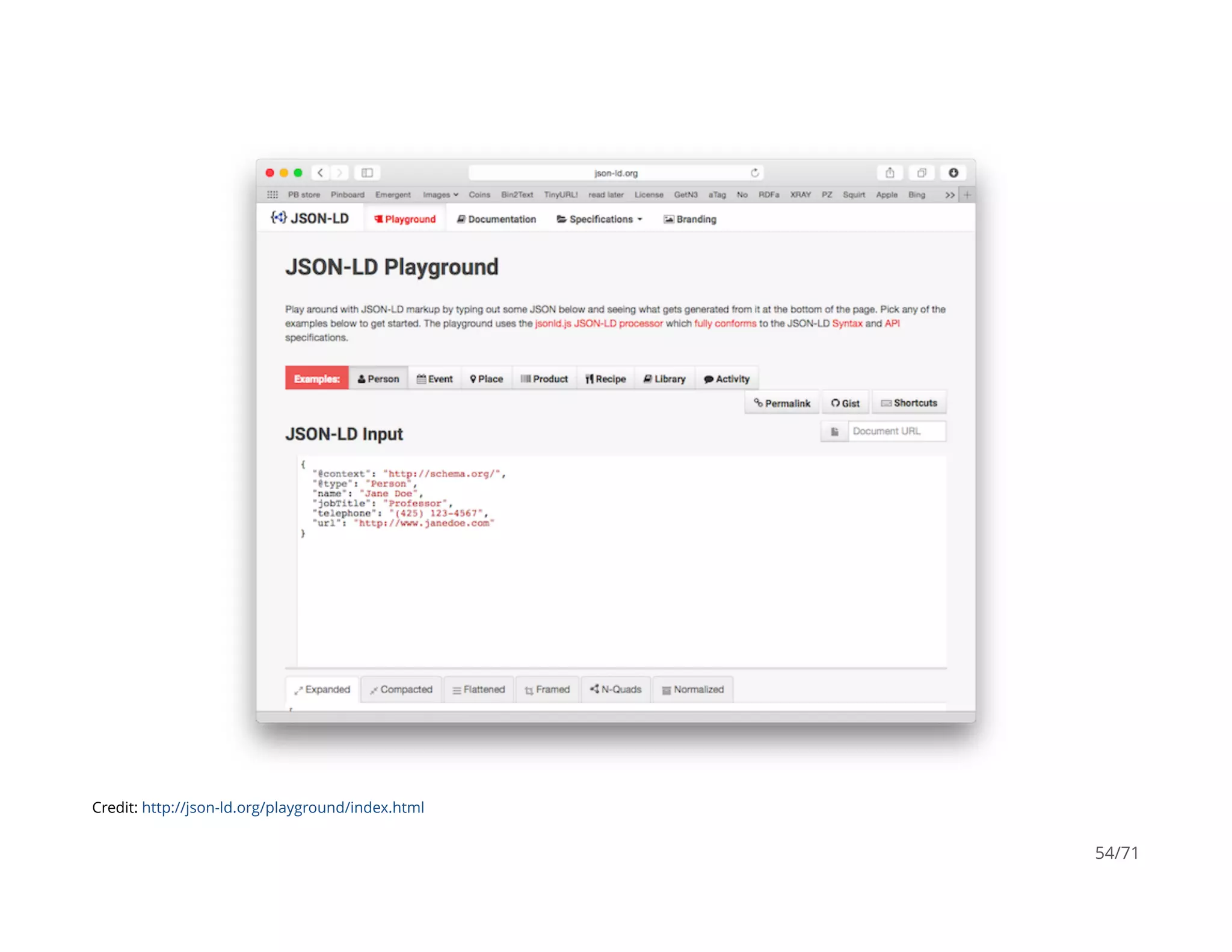Credit: http://json-ld.org/playground/index.html
54/71
 