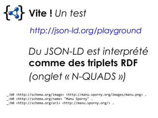 Vite ! Un test
http://json-ld.org/playground
_:b0 <http://schema.org/image> <http://manu.sporny.org/images/manu.png> .
_:b0 <http://schema.org/name> "Manu Sporny" .
_:b0 <http://schema.org/url> <http://manu.sporny.org/> .
Du JSON-LD est interprété
comme des triplets RDF
(onglet « N-QUADS »)
 