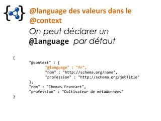 @language des valeurs dans le
@context
On peut déclarer un
@language par défaut
{
"@context" : {
"@language" : "fr",
"nom" : "http://schema.org/name",
"profession" : "http://schema.org/jobTitle"
},
"nom" : "Thomas Francart",
"profession" : "Cultivateur de métadonnées"
}
 