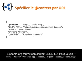 Spécifier le @context par URL
{
"@context": "http://schema.org",
"@id": "http://dbpedia.org/resource/John_Lennon",
"name": "John Lennon",
“@type": “Person",
“jobTitle”: “Scarabée numéro 1”
}
Schema.org fournit son context JSON-LD. Pour le voir :
curl --header "Accept: application/ld+json" http://schema.org/
 