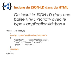 Inclure du JSON-LD dans du HTML
On inclut le JSON-LD dans une
balise HTML <script> avec le
type « application/ld+json »
<head> (ou <body>)
…
<script type="application/ld+json">
{
"@context" : "http://schema.org",
"name" : "Thomas Francart",
"@type" : "Person",
}
</script>
…
</head>
 