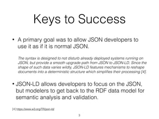 Keys to Success
• A primary goal was to allow JSON developers to
use it as if it is normal JSON.
The syntax is designed to not disturb already deployed systems running on
JSON, but provide a smooth upgrade path from JSON to JSON-LD. Since the
shape of such data varies wildly, JSON-LD features mechanisms to reshape
documents into a deterministic structure which simpliﬁes their processing [4].
• JSON-LD allows developers to focus on the JSON,
but modelers to get back to the RDF data model for
semantic analysis and validation.
3
[4] https://www.w3.org/TR/json-ld/
 