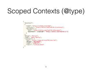 Scoped Contexts (@type)
9
{
"@context":
{
"name": "http://schema.org/name",
"interest": "http://xmlns.com/foaf/0.1/interest",
"Document": {
"@id": "http://xmlns.com/foaf/0.1/Document",
"@context": {"@vocab": "http://xmlns.com/foaf/0.1/"}
}
},
"@type": "Person",
"name": "Manu Sporny",
"interest": {
"@id": "https://www.w3.org/TR/json-ld/",
"@type": "Document",
"name": "JSON-LD",
"topic": "Linking Data"
}
}
 