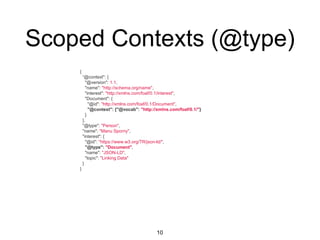 Scoped Contexts (@type)
10
{
“@context": {
"@version": 1.1,
"name": "http://schema.org/name",
"interest": "http://xmlns.com/foaf/0.1/interest",
"Document": {
"@id": "http://xmlns.com/foaf/0.1/Document",
"@context": {"@vocab": "http://xmlns.com/foaf/0.1/"}
}
},
"@type": "Person",
"name": "Manu Sporny",
"interest": {
"@id": "https://www.w3.org/TR/json-ld/",
"@type": "Document",
"name": "JSON-LD",
"topic": "Linking Data"
}
}
 