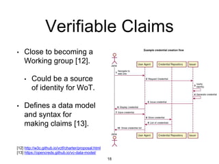 Verifiable Claims
• Close to becoming a
Working group [12].
• Could be a source
of identity for WoT.
• Defines a data model
and syntax for
making claims [13].
18
[12] http://w3c.github.io/vctf/charter/proposal.html
[13] https://opencreds.github.io/vc-data-model/
 