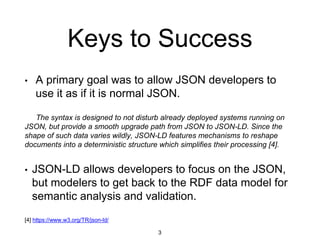 Keys to Success
• A primary goal was to allow JSON developers to
use it as if it is normal JSON.
The syntax is designed to not disturb already deployed systems running on
JSON, but provide a smooth upgrade path from JSON to JSON-LD. Since the
shape of such data varies wildly, JSON-LD features mechanisms to reshape
documents into a deterministic structure which simplifies their processing [4].
• JSON-LD allows developers to focus on the JSON,
but modelers to get back to the RDF data model for
semantic analysis and validation.
3
[4] https://www.w3.org/TR/json-ld/
 