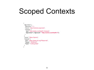 Scoped Contexts
9
{
“@context": {
"@version": 1.1,
"name": "http://schema.org/name",
"interest": {
"@id":"http://xmlns.com/foaf/0.1/interest",
"@context": {"@vocab": "http://xmlns.com/foaf/0.1/"}
}
},
"name": "Manu Sporny",
"interest": {
"@id": "https://www.w3.org/TR/json-ld/",
"name": "JSON-LD",
"topic": "Linking Data"
}
}
 