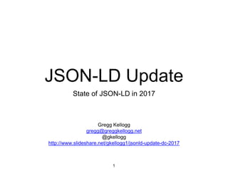 JSON-LD Update
State of JSON-LD in 2017
1
Gregg Kellogg
gregg@greggkellogg.net
@gkellogg
http://www.slideshare.net/gkellogg1/jsonld-update-dc-2017
 