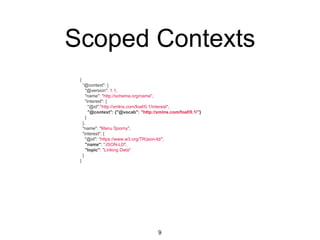 Scoped Contexts
9
{
“@context": {
"@version": 1.1,
"name": "http://schema.org/name",
"interest": {
"@id":"http://xmlns.com...