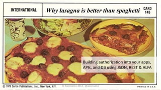 Why lasagna is better than spaghetti
Building authorization into your apps,
APIs, and DB using JSON, REST & ALFA
© Axiomatics 2014 - @axiomatics
 