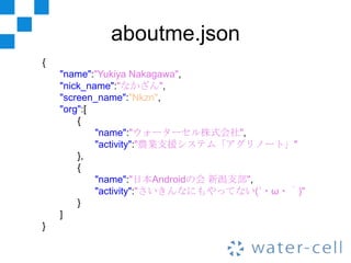 aboutme.json
{
    "name":"Yukiya Nakagawa",
    "nick_name":"なかざん",
    "screen_name":"Nkzn",
    "org":[
        {
            "name":"ウォーターセル株式会社",
            "activity":"農業支援システム「アグリノート」"
        },
        {
            "name":"日本Androidの会 新潟支部",
            "activity":"さいきんなにもやってない(´・ω・｀)"
        }
    ]
}
 