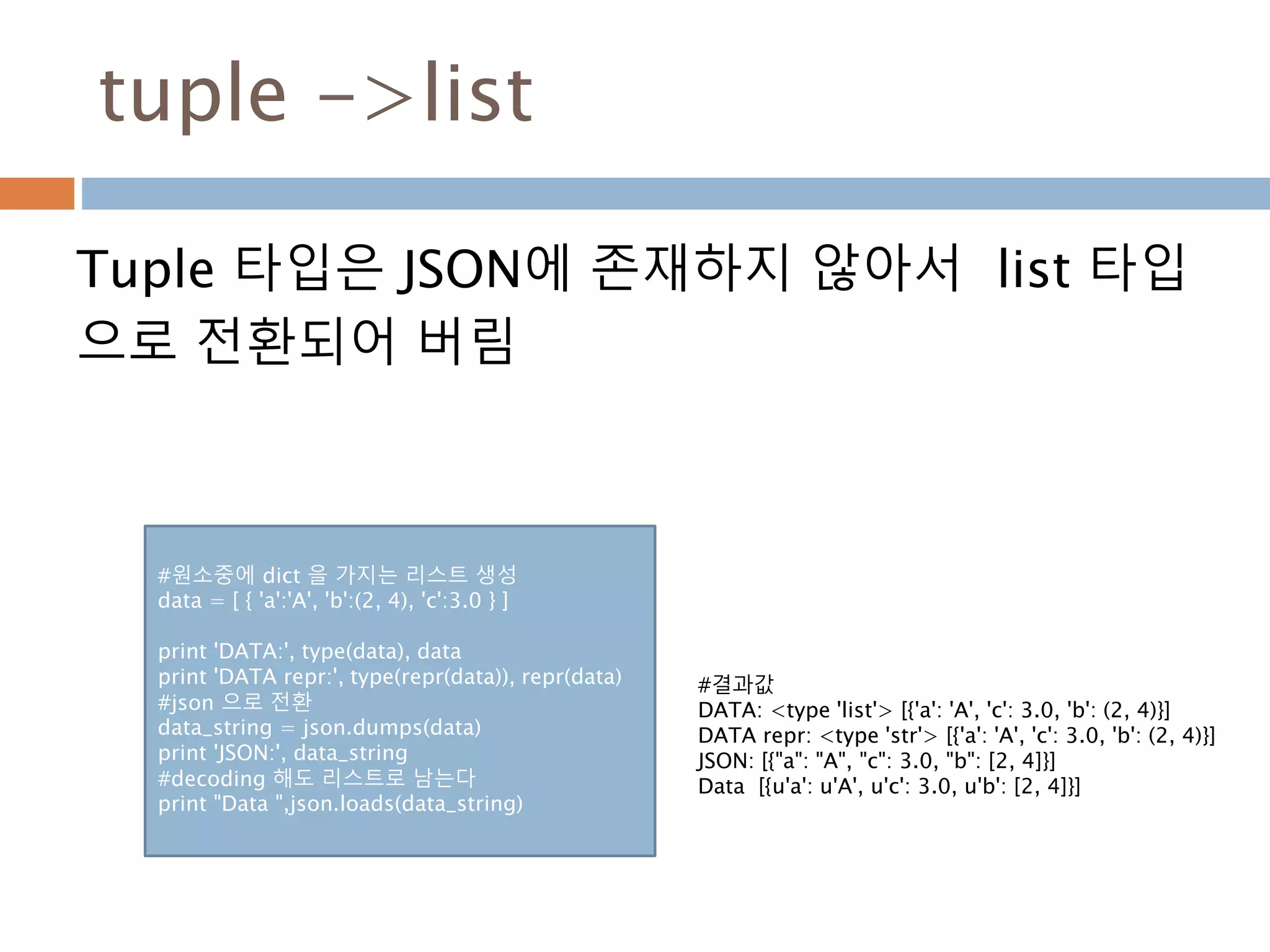 tuple ->list
Tuple 타입은 JSON에 존재하지 않아서 list 타입
으로 전환되어 버림
#원소중에 dict 을 가지는 리스트 생성
data = [ { 'a':'A', 'b':(2, 4), 'c':3.0 } ]
print 'DATA:', type(data), data
print 'DATA repr:', type(repr(data)), repr(data)
#json 으로 전환
data_string = json.dumps(data)
print 'JSON:', data_string
#decoding 해도 리스트로 남는다
print "Data ",json.loads(data_string)
#결과값
DATA: <type 'list'> [{'a': 'A', 'c': 3.0, 'b': (2, 4)}]
DATA repr: <type 'str'> [{'a': 'A', 'c': 3.0, 'b': (2, 4)}]
JSON: [{"a": "A", "c": 3.0, "b": [2, 4]}]
Data [{u'a': u'A', u'c': 3.0, u'b': [2, 4]}]
 