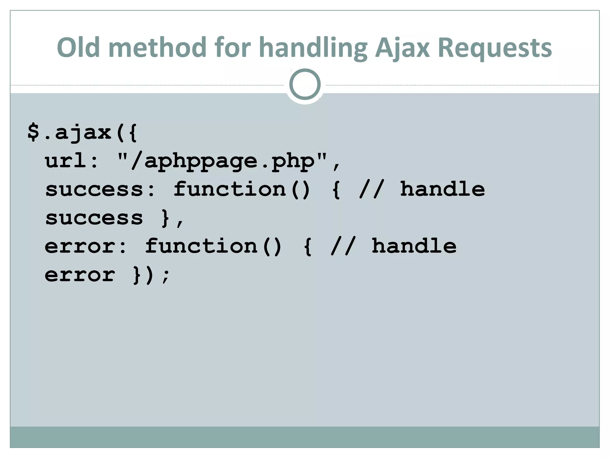 Old method for handling Ajax Requests
$.ajax({
url: "/aphppage.php",
success: function() { // handle
success },
error: function() { // handle
error });
 