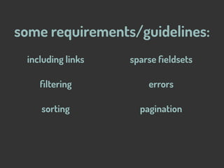 paginationsorting
ﬁltering
sparse ﬁeldsets
some requirements/guidelines:
including links
errors
 