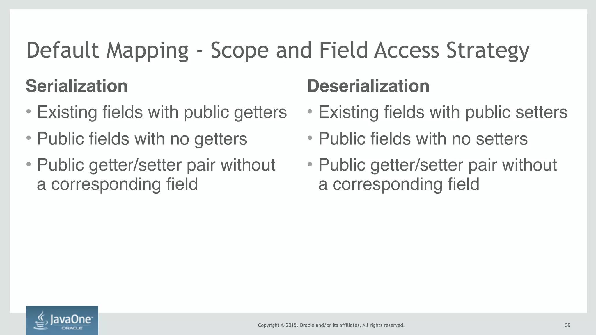 Copyright © 2015, Oracle and/or its affiliates. All rights reserved. 3939
Default Mapping - Scope and Field Access Strategy
Serialization
• Existing fields with public getters
• Public fields with no getters
• Public getter/setter pair without
a corresponding field
Deserialization
• Existing fields with public setters
• Public fields with no setters
• Public getter/setter pair without
a corresponding field
 