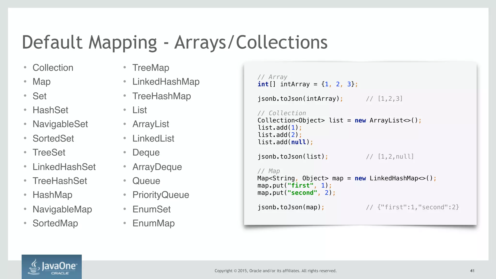 Copyright © 2015, Oracle and/or its affiliates. All rights reserved. 4141
// Array
int[] intArray = {1, 2, 3};
 
jsonb.toJson(intArray); // [1,2,3]
// Collection 
Collection<Object> list = new ArrayList<>(); 
list.add(1); 
list.add(2);
list.add(null); 
 
jsonb.toJson(list); // [1,2,null]
// Map 
Map<String, Object> map = new LinkedHashMap<>(); 
map.put("first", 1); 
map.put("second", 2); 
 
jsonb.toJson(map); // {"first":1,"second":2}
Default Mapping - Arrays/Collections
• Collection
• Map
• Set
• HashSet
• NavigableSet
• SortedSet
• TreeSet
• LinkedHashSet
• TreeHashSet
• HashMap
• NavigableMap
• SortedMap
• TreeMap
• LinkedHashMap
• TreeHashMap
• List
• ArrayList
• LinkedList
• Deque
• ArrayDeque
• Queue
• PriorityQueue
• EnumSet
• EnumMap
 