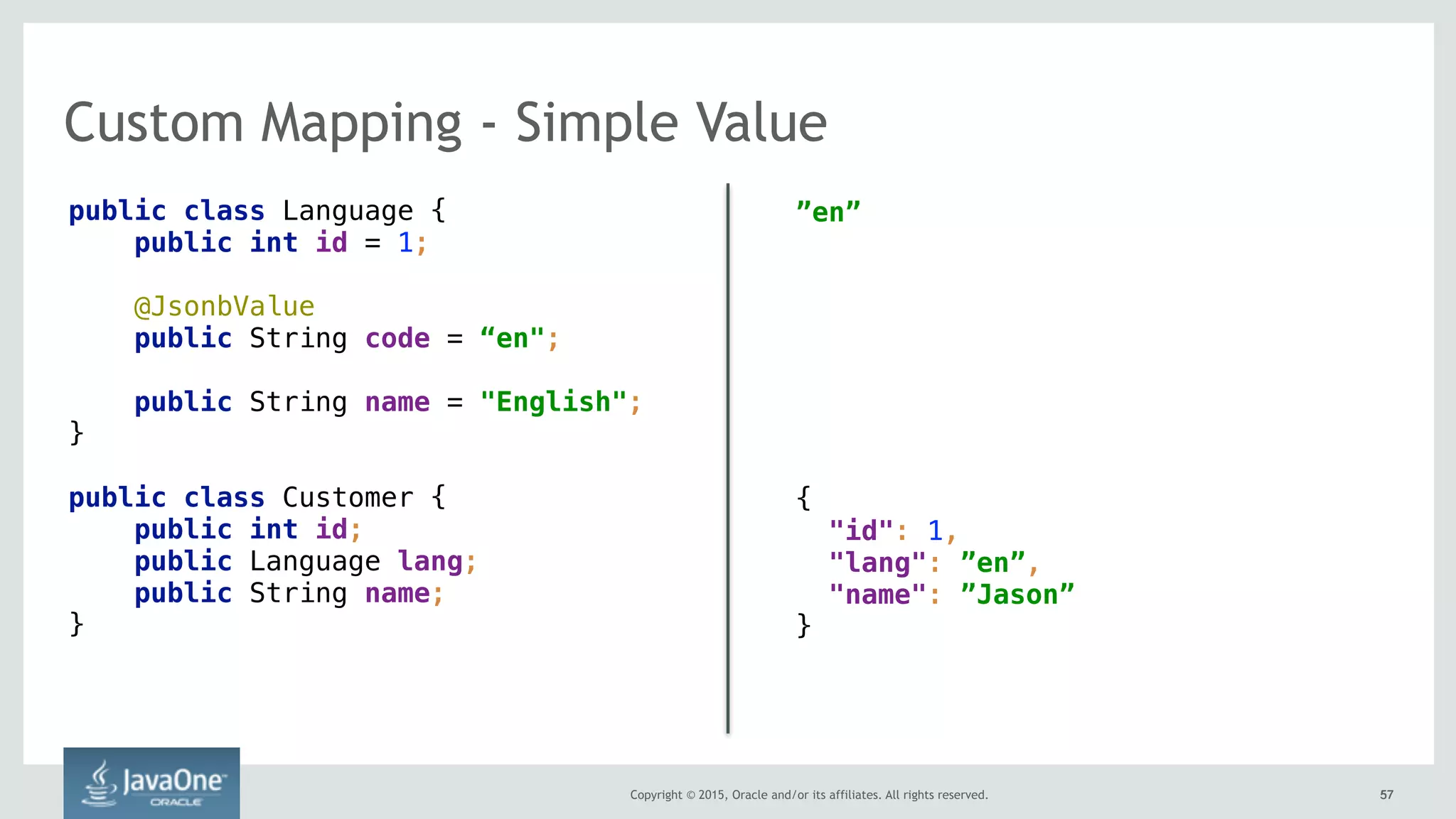 Copyright © 2015, Oracle and/or its affiliates. All rights reserved. 5757
Custom Mapping - Simple Value
public class Language {
public int id = 1;
@JsonbValue
public String code = “en";
public String name = "English";
}
public class Customer {
public int id;
public Language lang;
public String name;
}
”en”
{ 
"id": 1,
"lang": ”en”,
"name": ”Jason” 
}
 
