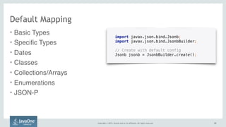 Copyright © 2015, Oracle and/or its affiliates. All rights reserved. 2222
Default Mapping
• Basic Types
• Specific Types
• Dates
• Classes
• Collections/Arrays
• Enumerations
• JSON-P
import javax.json.bind.Jsonb;
import javax.json.bind.JsonbBuilder;
// Create with default config
Jsonb jsonb = JsonbBuilder.create();
 