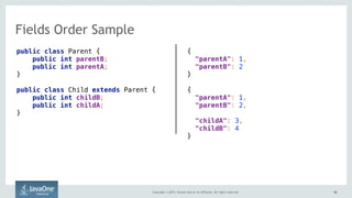 Copyright © 2015, Oracle and/or its affiliates. All rights reserved. 3838
Fields Order Sample
{  
"parentA": 1,
"parentB": 2
}
{  
"parentA": 1,
"parentB": 2,
"childA": 3,
"childB": 4
}
public class Parent { 
public int parentB; 
public int parentA; 
}
public class Child extends Parent { 
public int childB; 
public int childA; 
}
 