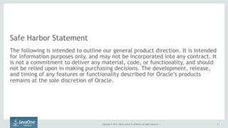 Copyright © 2015, Oracle and/or its affiliates. All rights reserved. |
Safe Harbor Statement
The following is intended to outline our general product direction. It is intended
for information purposes only, and may not be incorporated into any contract. It
is not a commitment to deliver any material, code, or functionality, and should
not be relied upon in making purchasing decisions. The development, release,
and timing of any features or functionality described for Oracle’s products
remains at the sole discretion of Oracle.
4
 