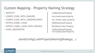 Copyright © 2015, Oracle and/or its affiliates. All rights reserved. 5050
Custom Mapping - Property Naming Strategy
• IDENTITY
• LOWER_CASE_WITH_DASHES
• LOWER_CASE_WITH_UNDERSCORES
• UPPER_CAMEL_CASE
• UPPER_CAMEL_CASE_WITH_SPACES
• CASE_INSENSITIVE
myMixedCaseProperty
my-mixed-case-property
my_mixed_case_property
MyMixedCaseProperty
My Mixed Case Property
myMixedCaseProperty 
mYmIxEdCaSePrOpErTy
JsonbConfig().withPropertyNamingStrategy(…)
 