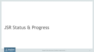 Copyright © 2015, Oracle and/or its affiliates. All rights reserved. |
JSR Status & Progress
9
 