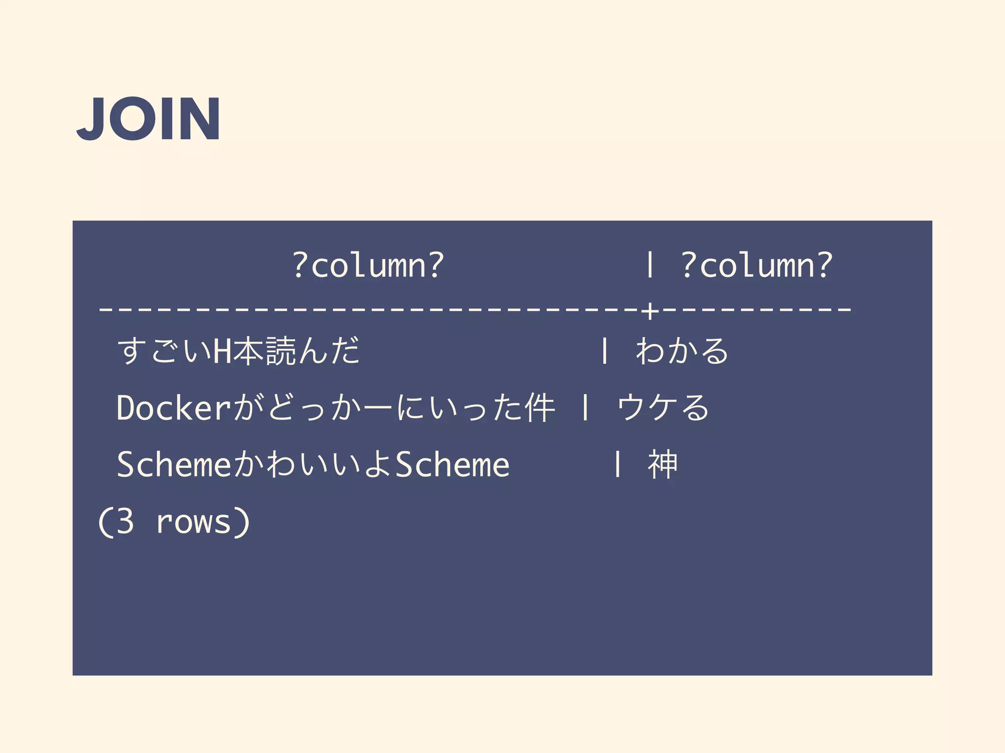 JOIN
?column? | ?column?
----------------------------+----------
すごいH本読んだ | わかる
Dockerがどっかーにいった件 | ウケる
SchemeかわいいよScheme | 神
(3 rows)
 