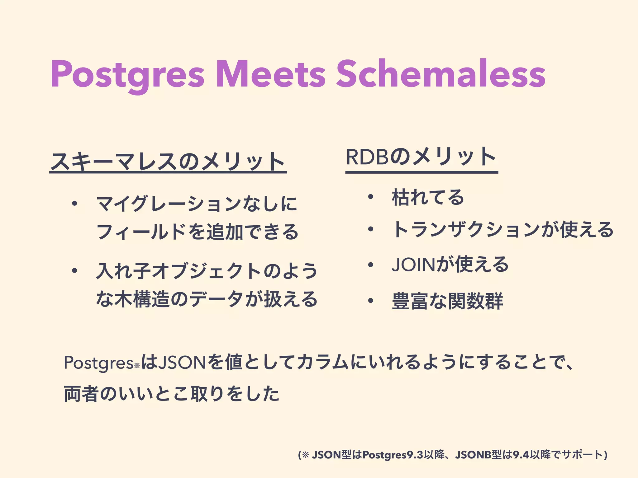 Postgres Meets Schemaless
スキーマレスのメリット
• マイグレーションなしに
フィールドを追加できる
• 入れ子オブジェクトのよう
な木構造のデータが扱える
RDBのメリット
• 枯れてる
• トランザクションが使える
• JOINが使える
• 豊富な関数群
Postgres※はJSONを値としてカラムにいれるようにすることで、
両者のいいとこ取りをした
(※ JSON型はPostgres9.3以降、JSONB型は9.4以降でサポート)
 
