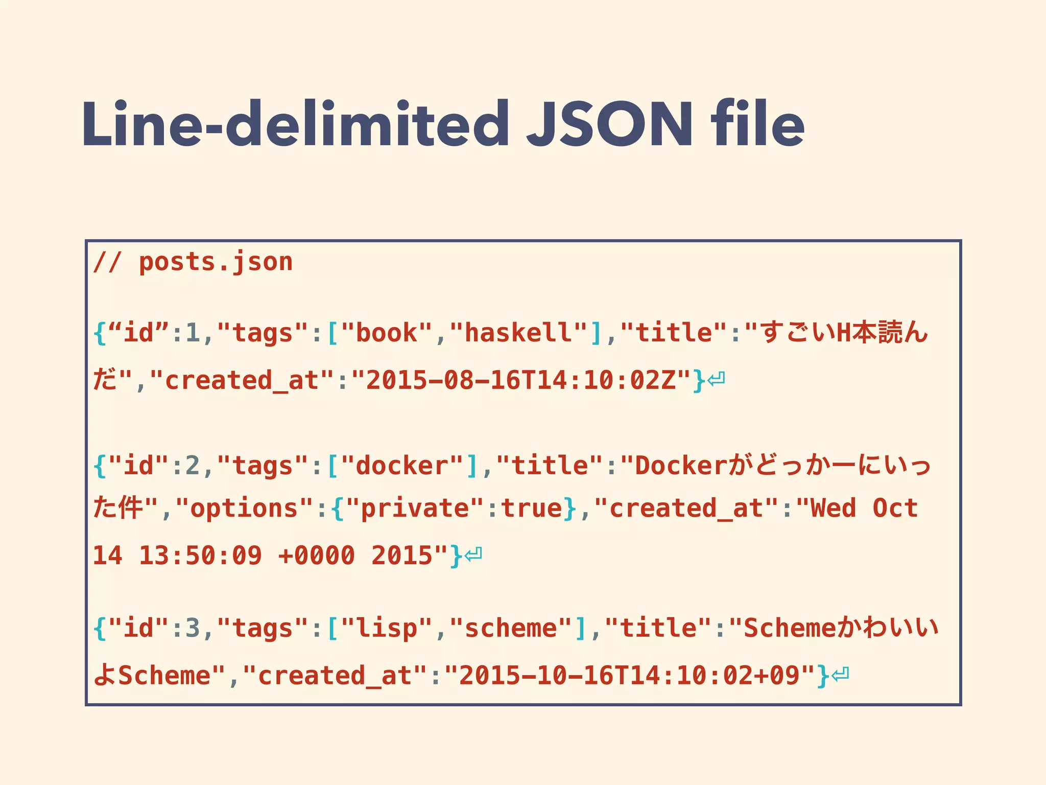 Line-delimited JSON ﬁle
// posts.json
{“id”:1,"tags":["book","haskell"],"title":"すごいH本読ん
だ","created_at":"2015-08-16T14:10:02Z"}⏎
{"id":2,"tags":["docker"],"title":"Dockerがどっかーにいっ
た件","options":{"private":true},"created_at":"Wed Oct
14 13:50:09 +0000 2015"}⏎
{"id":3,"tags":["lisp","scheme"],"title":"Schemeかわいい
よScheme","created_at":"2015-10-16T14:10:02+09"}⏎
 