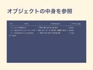 オブジェクトの中身を参照
id | title | created_at | first_tag
----+----------------------------+--------------------------------+-----------
1 | すごいH本読んだ | 2015-08-16T14:10:02Z | book
2 | Dockerがどっかーにいった件 | Wed Oct 14 13:50:09 +0000 2015 | docker
3 | SchemeかわいいよScheme | 2015-10-16T14:10:02+09 | lisp
(3 rows)
 