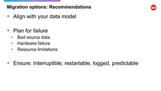 Migration options: Recommendations
• Align with your data model
• Plan for failure
• Bad source data
• Hardware failure
• Resource limitations
• Ensure: Interruptible, restartable, logged, predictable
 