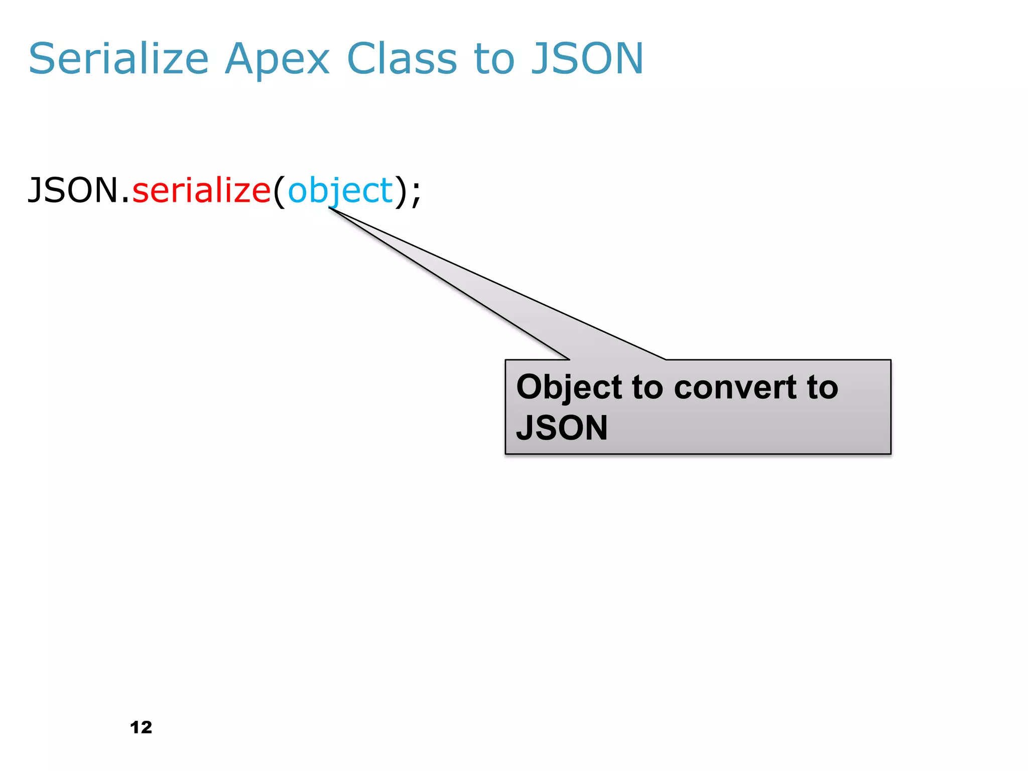 Serialize Apex Class to JSON
JSON.serialize(object);

Object to convert to
JSON

12

 