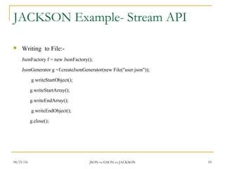JACKSON Example- Stream API
 Writing to File:-
JsonFactory f = new JsonFactory();
JsonGenerator g =f.createJsonGenerator(new File("user.json"));
g.writeStartObject();
g.writeStartArray();
g.writeEndArray();
g.writeEndObject();
g.close();
06/21/16 JSON vs GSON vs JACKSON 10
 