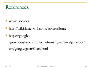 References:
 www.json.org
 http://wiki.fasterxml.com/JacksonHome
 https://google-
gson.googlecode.com/svn/trunk/gson/docs/javadocs/c
om/google/gson/Gson.html
15JSON vs GSON vs JACKSON06/21/16
 