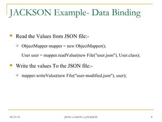 JACKSON Example- Data Binding
 Read the Values from JSON file:-
 ObjectMapper mapper = new ObjectMapper();
User user = mapper.readValue(new File("user.json"), User.class);
 Write the values To the JSON file:-
 mapper.writeValue(new File("user-modified.json"), user);
8JSON vs GSON vs JACKSON06/21/16
 