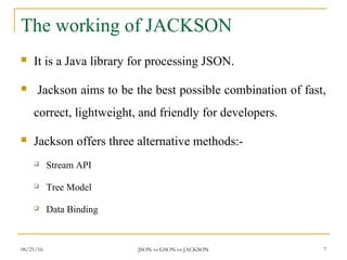 The working of JACKSON
 It is a Java library for processing JSON.
 Jackson aims to be the best possible combination of f...