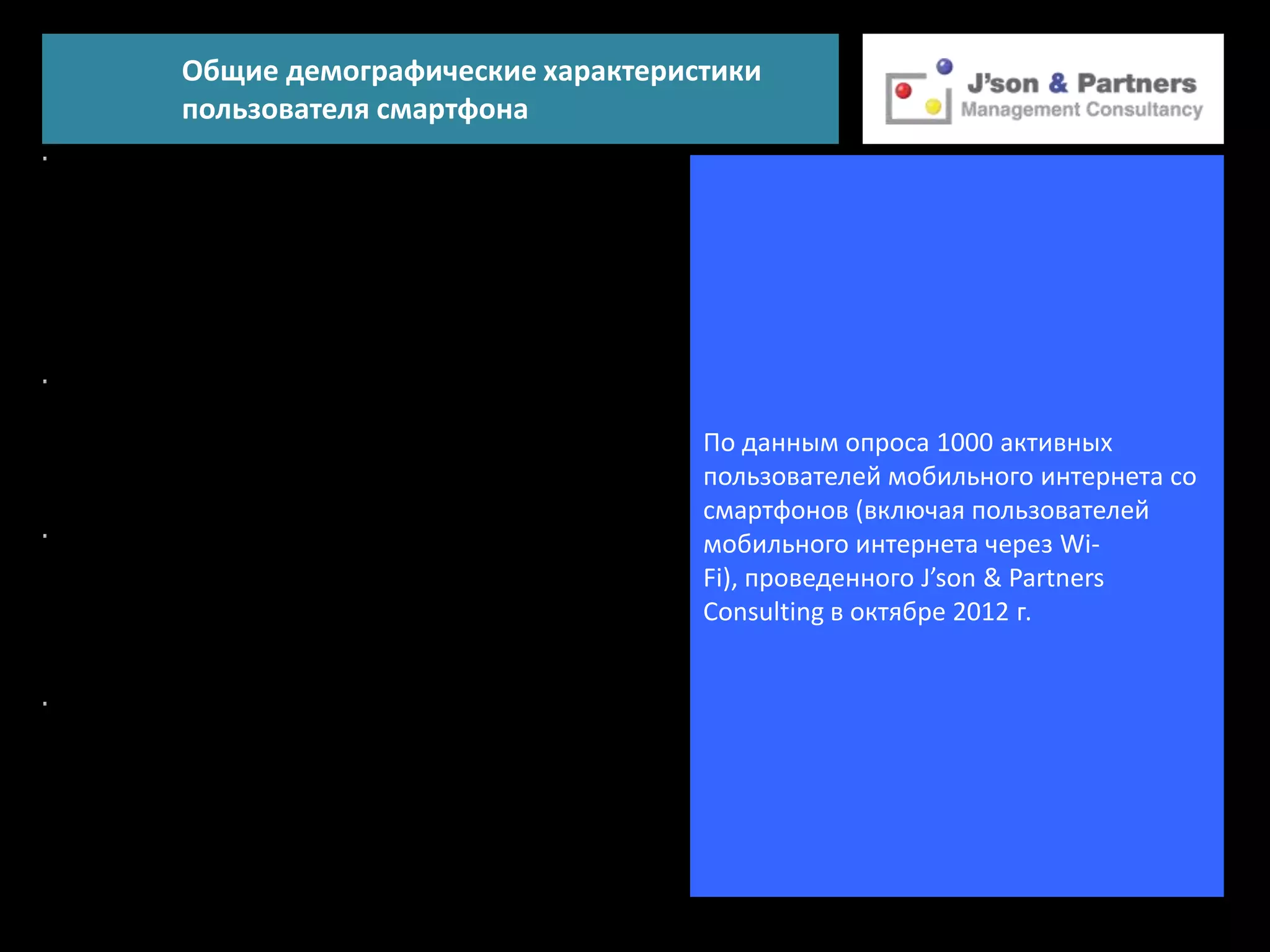 Общие демографические характеристики
пользователя смартфона




                                По данным опроса 1000 активных
                                пользователей мобильного интернета со
                                смартфонов (включая пользователей
                                мобильного интернета через Wi-
                                Fi), проведенного J’son & Partners
                                Consulting в октябре 2012 г.
 