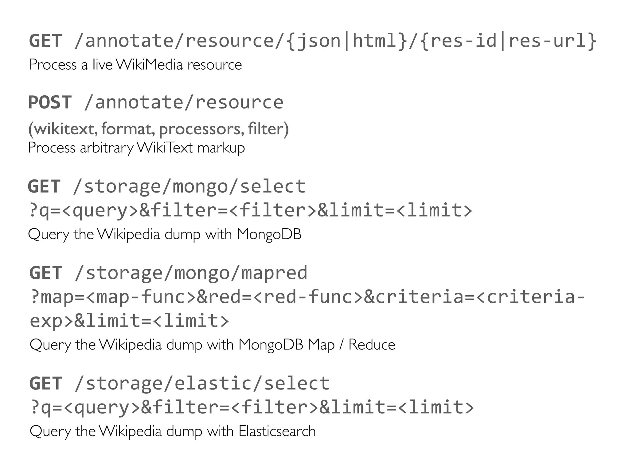 GET	/storage/mongo/select	
?q=<query>&filter=<filter>&limit=<limit>	
Query the JSONpedia dump with MongoDB
GET	/storage/mongo/mapred	
?map=<map-func>&red=<red-func>&criteria=<criteria-
exp>&limit=<limit>	
Query the JSONpedia dump with MongoDB Map / Reduce
GET	/storage/elastic/select	
?q=<query>&filter=<filter>&limit=<limit>	
Query the JSONpedia dump with Elasticsearch
GET	/annotate/resource/{json|html}/{res-id|res-url}	
Process a live MediaWiki resource
POST	/annotate/resource		
(wikitext,	format,	processors,	filter)	
Process arbitrary WikiText markup
 