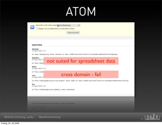 ATOM


                                  not suited for spreadsheet data

                                                cross domain - fail




   Wolfram Kriesing, uxebu   @wolframkriesing

Freitag, 24. Juli 2009
 