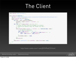 The Client




                                http://static.uxebu.com/~cain/JSONPedCSV.html


   Wolfram Kriesing, uxebu   @wolframkriesing

Freitag, 24. Juli 2009
 